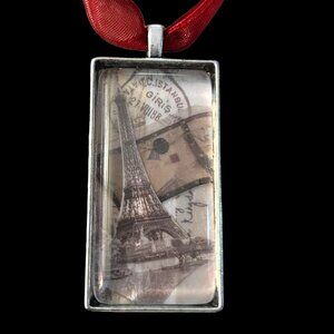 Upcycled Ribbon Choker with Pendant - Paris Travel Themed - 18 inches